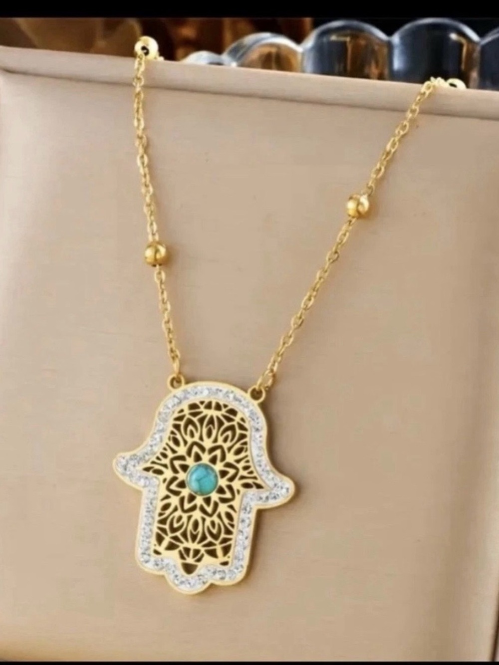 Gold Hamsa Hand Pendant Necklace and Earrings Set with Faux Turquoise Accent - Picture 2 of 4